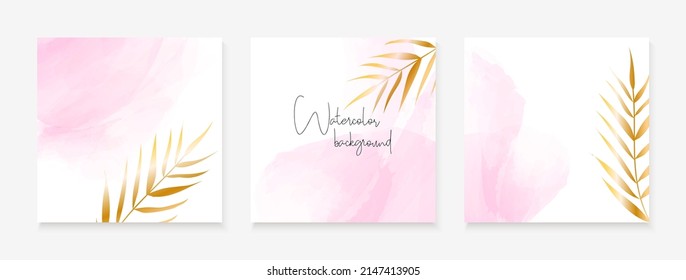 Social media post templates with pink watercolor spots and golden palm leaves. Vector set of vertical abstract trendy backgrounds with place for text