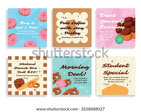 Social media post templates promoting great deals on fresh baked goods from a local bakery