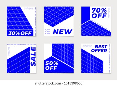 Social media post templates. A set of abstract backgrounds with blue geometric elements. Promotion Brand Fashion. Stories and Streaming