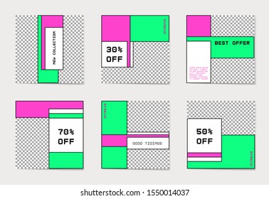 Social media post templates. A set of abstract backgrounds with pink and green geometric elements. Promotion Brand Fashion. Stories and Streaming
