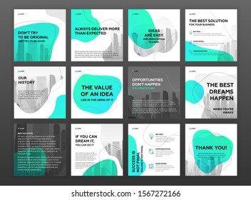 Social media post templates set with motivational quotes and cityscape vector illustration on background. Square instagram posts layouts for personal blog. Travel brochure cover design.