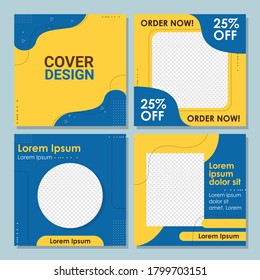 Social media post templates set for business with abstract vector illustration on background. Square posts layouts blue and yellow