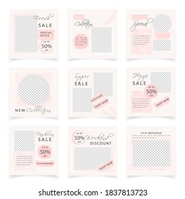 Social media post templates set for sale promotion. Abstract square banner templates suitable for social media posts, stories, mobile apps, cover. Minimal design in soft pink pastel color.
