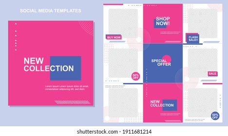 Social Media Post Templates Set For Business With Abstract Vector Illustration On Background. Square Posts Layouts Blue, Fucsia, And White.