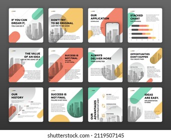 Social media post templates set with motivational quotes and cityscape vector illustration on background. Square instagram posts layouts for personal blog. Travel brochure cover design.