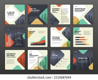 Social Media Post Templates Set With Motivational Quotes And Cityscape Vector Illustration On Background. Square Instagram Posts Layouts For Personal Blog. Travel Brochure Cover Design.