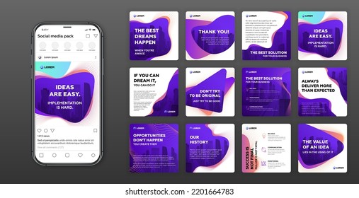 Social Media Post Templates Set With Cityscape Vector Illustration On Background. Instagram Square Posts Layouts For Personal Blog.