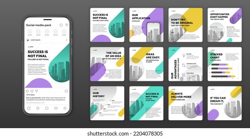 Social media post templates set with cityscape vector illustration on background. Instagram square posts layouts for personal blog.