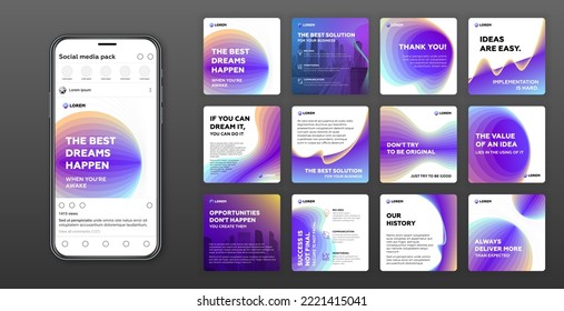 Social media post templates set with colorful gradient vector illustration on background. Instagram square posts layouts for personal blog.