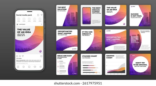 Social media post templates set with cityscape vector illustration on background. Instagram post layouts for personal blog.