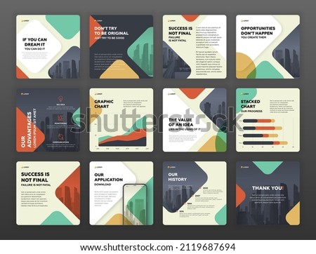 Social media post templates set with motivational quotes and cityscape vector illustration on background. Square instagram posts layouts for personal blog. Travel brochure cover design.