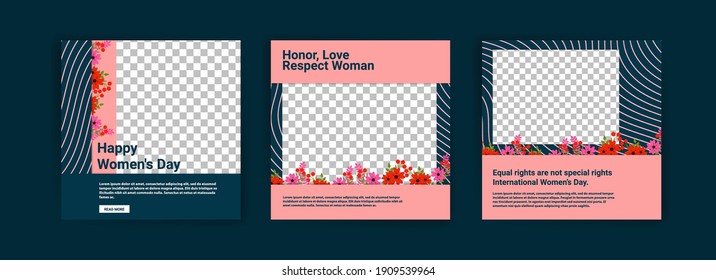 Social media post templates for women's day. Women's day cute greeting card set with flowers.