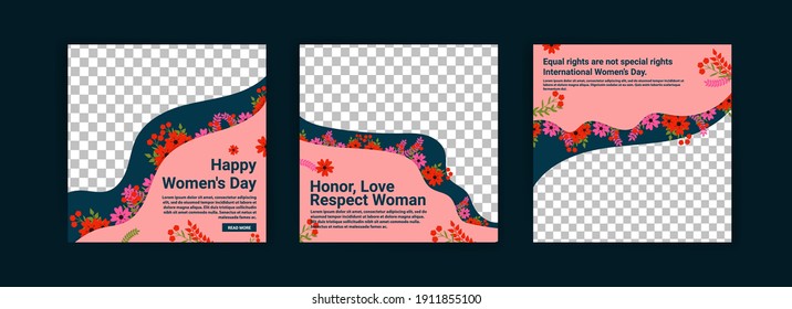 Social media post templates for women's day. Women's day cute greeting card set with flowers.