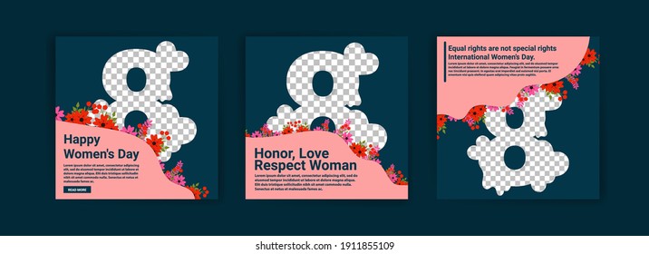 Social media post templates for women's day. Women's day cute greeting card set with flowers.