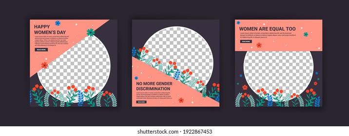 Social media post templates for women's day. Women's day cute greeting card set with flowers.