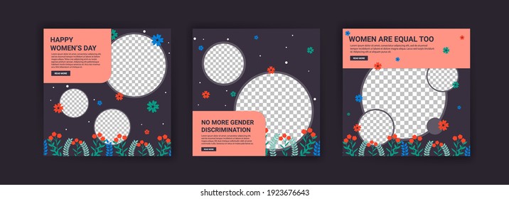 Social media post templates for women's day. Women's day cute greeting card set with flowers.