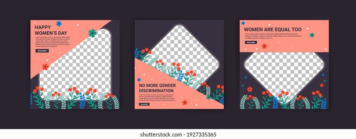 Social media post templates for women's day. Women's day cute greeting card set with flowers.