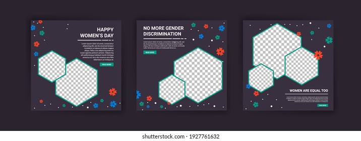 Social media post templates for women's day. Women's day cute greeting card set with flowers.