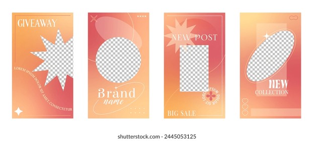 Social media post templates with y2k aesthetic frames. Vector vertical backgrounds or story post promotional banners, advertising or blog with geometric empty borders and red, orange, yellow gradients