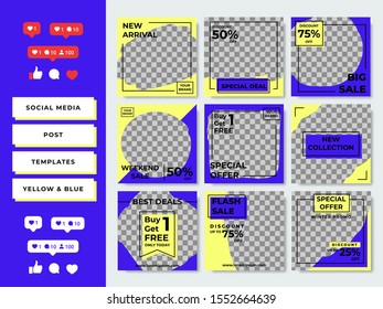 Social media post templates yellow and blue with like icon pack.