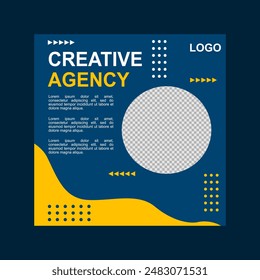 social media post templates. A yellow and blue advertisement for a creative agency with a big sale. 