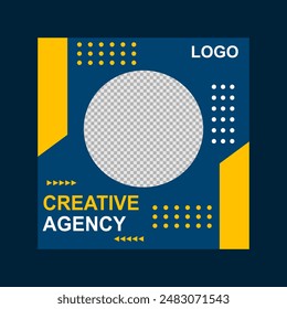 social media post templates. A yellow and blue advertisement for a creative agency with a big sale. 