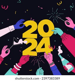 Una publicación en medios sociales que muestra las manos de un grupo de diversidad animando y celebrando el Año Nuevo jugando a los esparklers y tomando champán. Número de explotación 2024