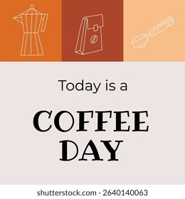 Social media post today is a coffee day web banner template. Restaurant cafe web banner of coffee. Concept doodle illustrations of coffee beans. Modern minimalist hand drawn art.