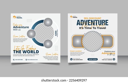 Social media post travelling marketing design or travel business agency promotion summer holiday vacation tourism square banner template.