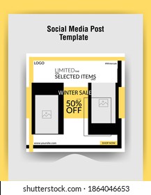 Social Media Post And Web Ads Promotion Template. White, Yellow And Black Background Color Geometric Square Line Shape. 
Editable Minimal Square Banner Template.