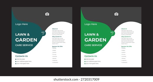 Publicación en redes sociales o Plantilla de Anuncio de Web para servicios de césped y jardinería Servicio de césped o jardinería Publicación en redes sociales Diseño de volante cuadrado de Anuncio y Plantilla de Anuncio de Web