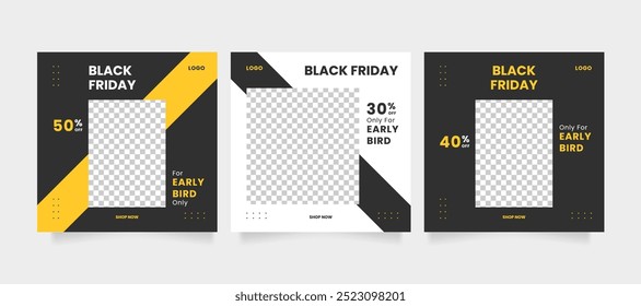 Social media post and web internet ads. Black friday sale banner or offer template with photo college. Promotional web banner for social media post. Editable minimal square banner template.