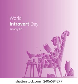Social Media post of World Introvert Day Vector art of a Little Introvert girl reading book alone geometric art