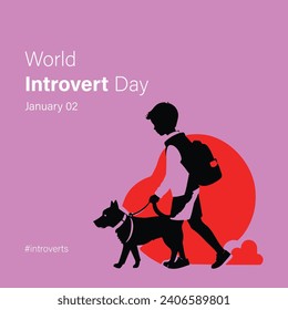 Social Media post of World Introvert Day Vector art of an introvert boy walking his dog alone in the evening illustration