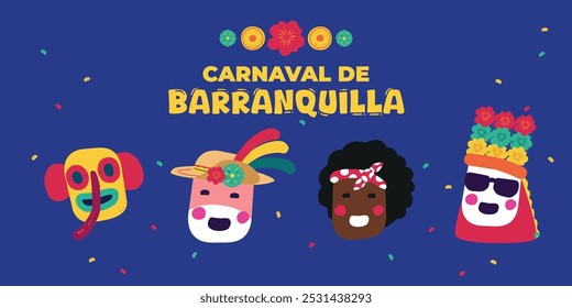 Cartaz de mídia social para o Carnaval de Barranquilla, Festival de Folclore Colombiano, março, cartaz para celebração Festival de Barranquilla, azul, fundo colorido