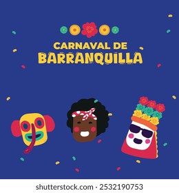 Cartaz de mídia social para o Carnaval de Barranquilla, Festival de Folclore Colombiano, março, cartaz para celebração Festival de Barranquilla, azul, fundo colorido