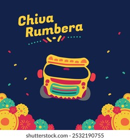 Cartaz de mídia social para o Chiva Rumbera, festival de folclore colombiano, carnaval, cartaz para celebração do Festival no tradicional ônibus colombiano, azul, fundo colorido