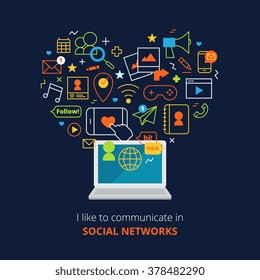 Social media poster with computer and network line abstract icons set on blue background flat vector illustration