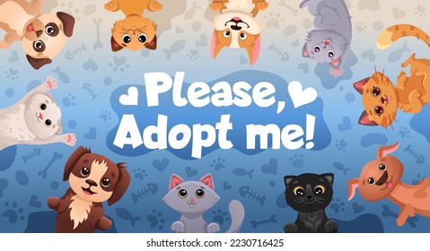 Diseño de afiches en medios sociales con promoción de adopción de mascotas. Adopta mi pancarta con perros lindos, gatos graciosos, patrones de huellas de pata. Plantilla de dibujo vectorial para diseño de volante, página web, afiches.