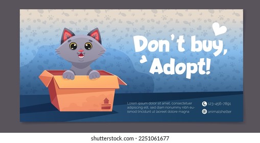 Social media poster design with pet adoption promotion. Adopt me banner with cute dogs, funny cats, paw print patterns. Vector cartoon template for flyer design, web page, posters.