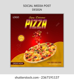 Social Media Poster Design For Restaurant.Editable Pizza poster.Healthy Taste Food and restaurant menu banner social media post.Illustration vector with realistic pizza.