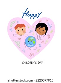Social media poster, flyer template for World children's day. Funny planet character with happy baby boy , asian baby girl. Vector flat cartoon doodle banner. 