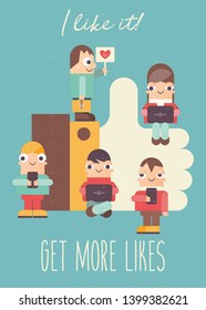 Social Media Poster. I like it Concept. Cartoon Small Funny People Using Mobile Gadgets - Tablets and Smartphones. Social Networking and Blogging Vector Illustration. Retro Design.