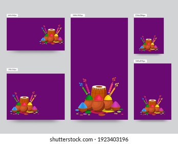 Afiche O Plantilla De Medios Sociales Con Bolas, Potes De Barro Llenos De Polvo (Gulal), Armas De Color, Instrumento Dhol En Fondo Morado.