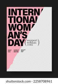 Social media poster template for women's day. March 8 party invitation poster in trendy style with torn paper and large typography. Flat design vector with a photo collage.