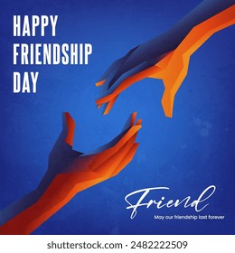 A social media poster of two hands holding each other on a blue background on Friendship Day