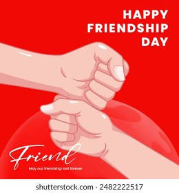 A social media poster with two hands fist bump on a red background on Friendship Day