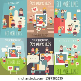 Social Media Posters Set. I like it Concept. Cartoon Small Funny People Using Mobile Gadgets - Laptops and Smartphones. Social Networking and Blogging Vector Illustration. Retro Design.