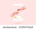 Social media posters template. The hand reaches for the hand. Realistic 3d design. Pink background. Abstract creative concept.  Vector illustration