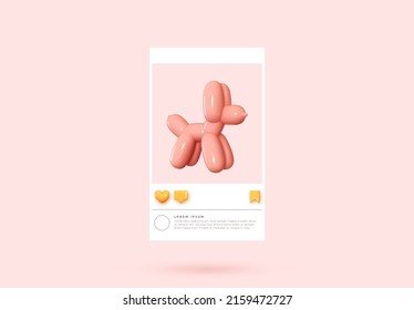 Social media posters template. Realistic 3d design. Pink poodle dog from hot air balloon Abstract creative concept. Vector illustration